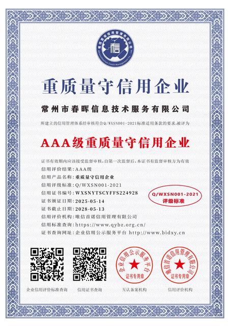 AAA级重质量守信用企业证书